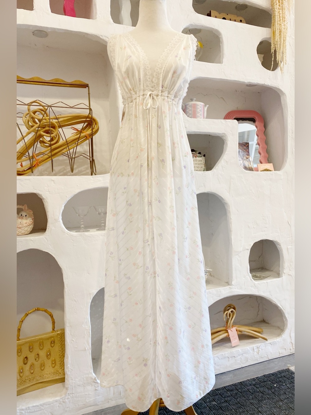Vintage Sheer White Floral Maxi Dress with Lace Trim Deep V-Neck